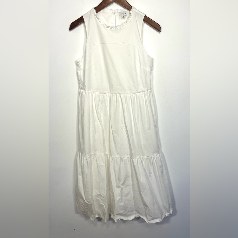 J Crew white cotton tiered midi dress ruffle neck, beach, coquette, coastal 4 - Picture 2 of 6